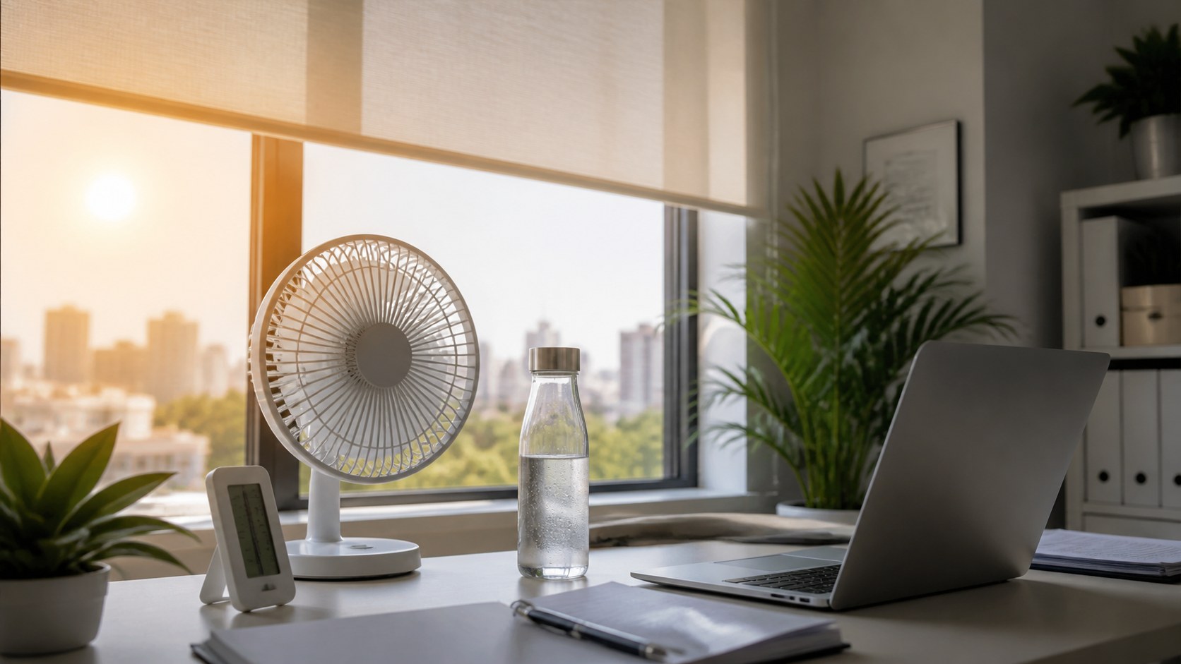 Ventilator, Wasserflasche und Thermometer in einem sonnigen Büro