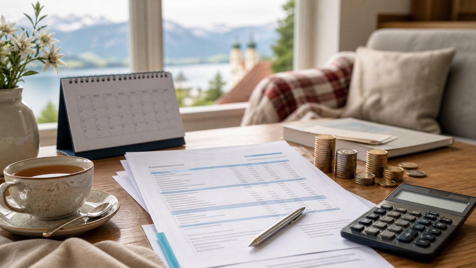 Haushaltsplan, Kalender, Münzstapel und Taschenrechner auf einem Tisch