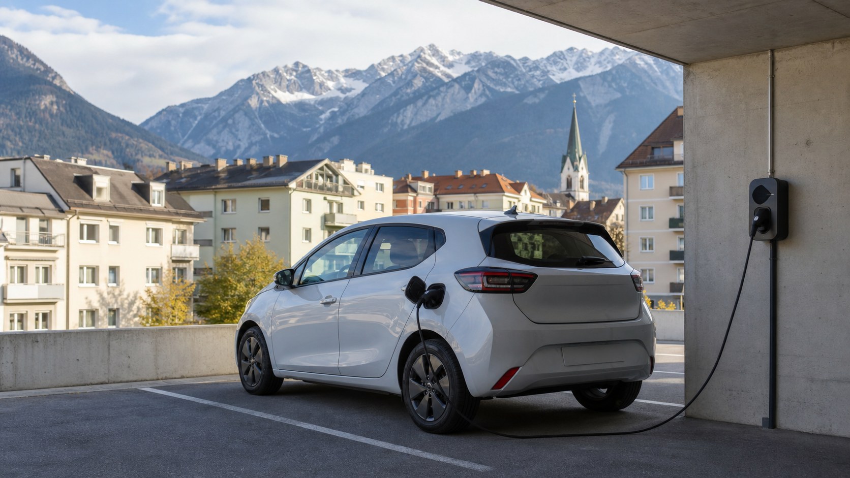 Kompaktes Elektroauto an einer Ladestation vor einer Alpenstadt