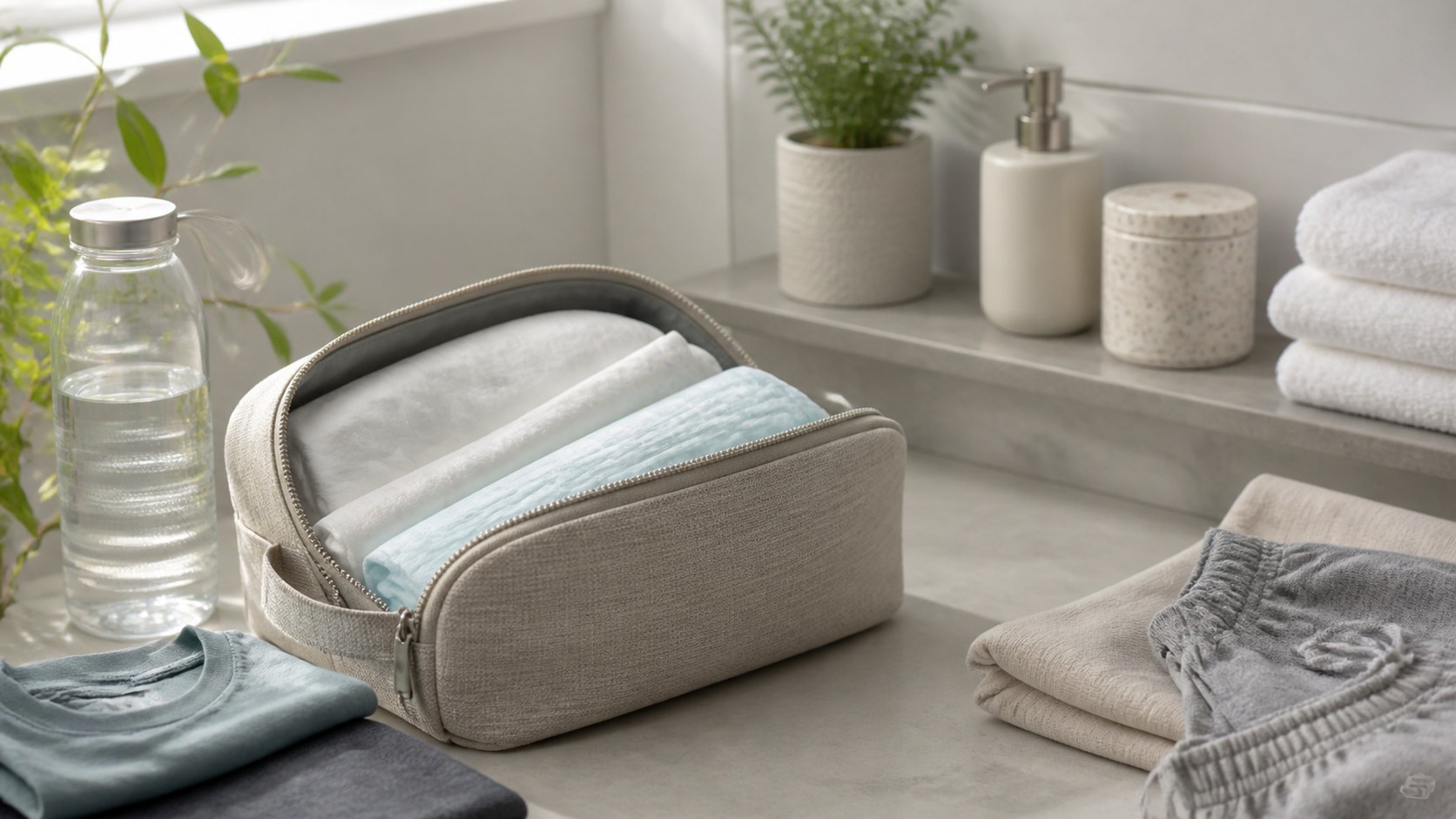 Diskrete Reisetasche mit Hygieneartikeln, Ersatzkleidung und Wasserflasche