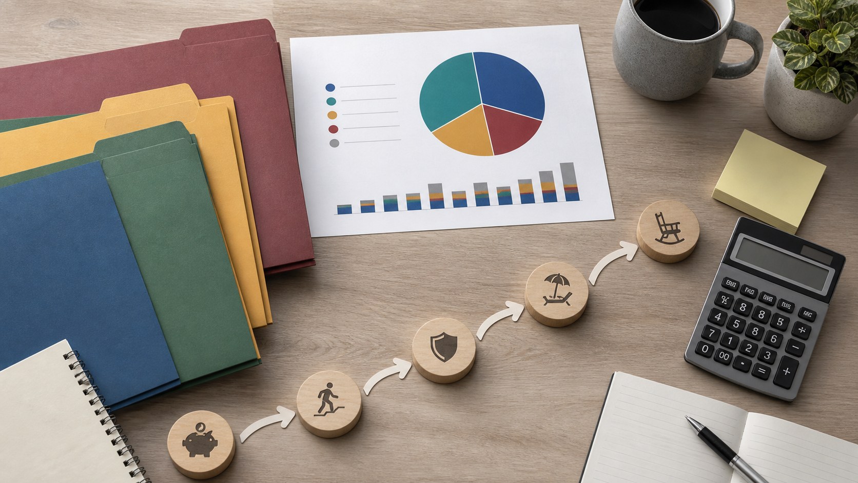 Farbige Aktenmappen, Diagramm und Planungssteine zur Pensionsstrategie