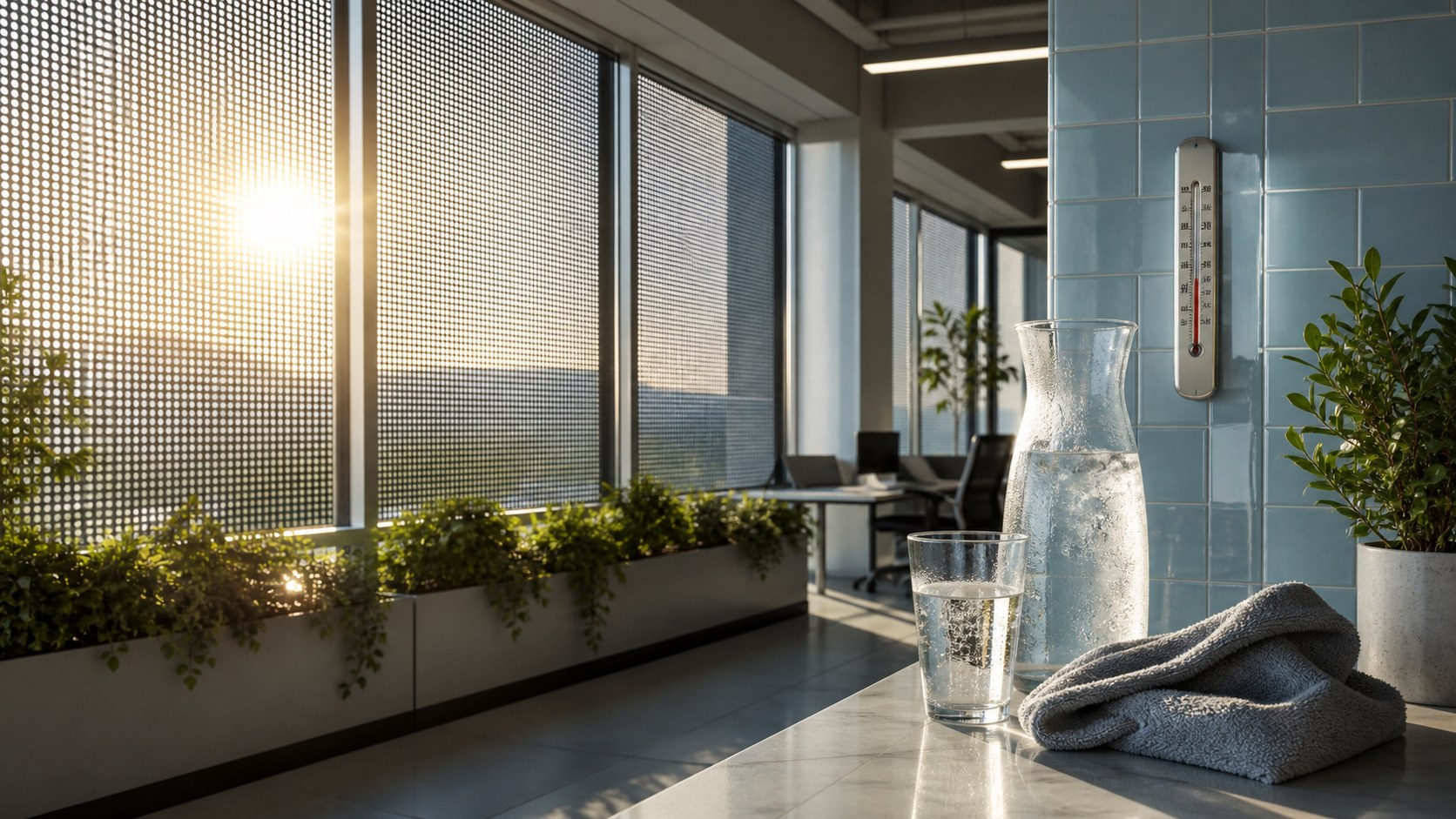 Beschattete Bürofenster mit kaltem Wasser und Kühltuch im Vordergrund