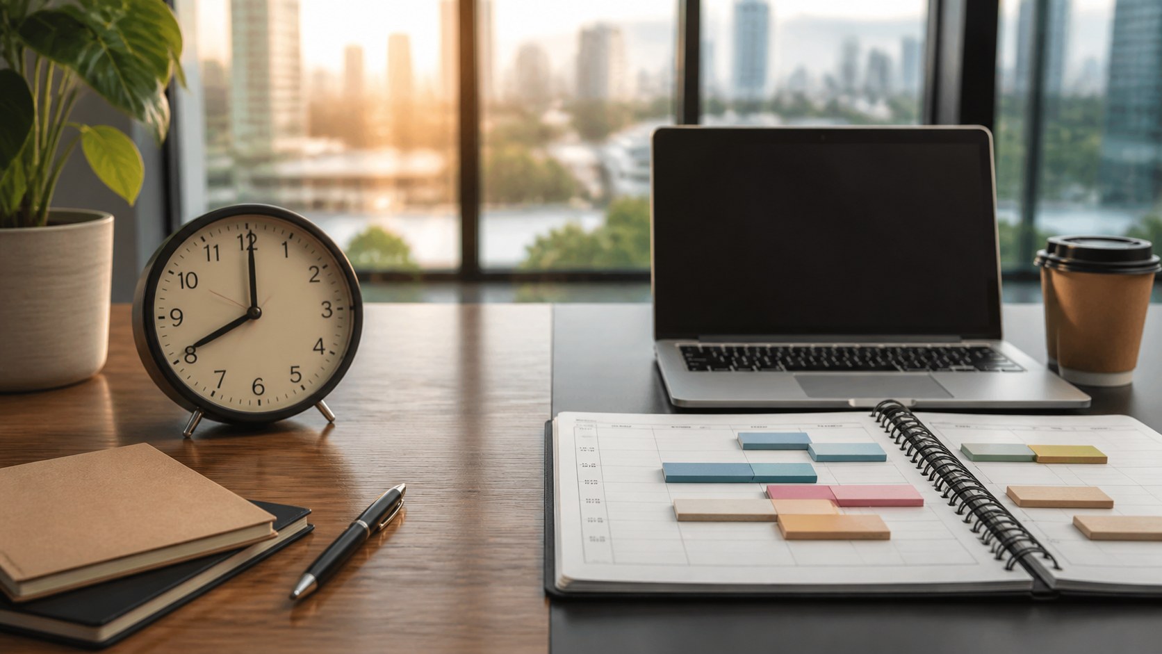 Analoge Uhr, Laptop und flexibler Wochenplan auf einem Schreibtisch