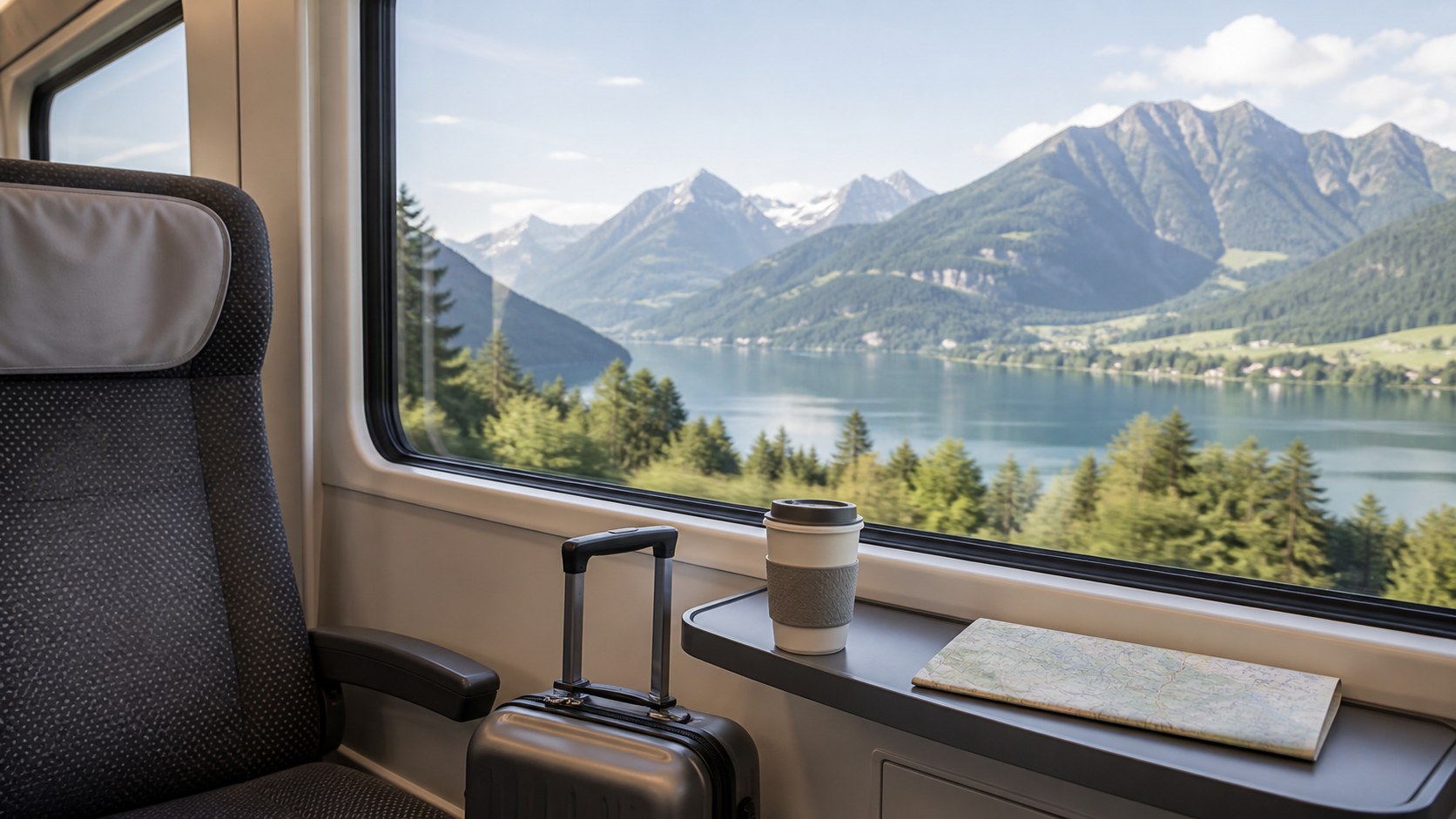 Zugabteil mit Koffer, Kaffeebecher und Blick auf einen Alpensee