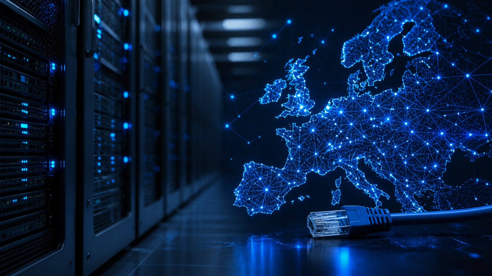 Europakarte aus leuchtenden Datenpunkten neben Servern und Netzwerkkabel